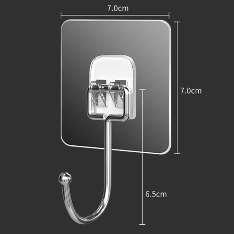 Stainless Steel Large Hooks Hanging Wall Waterproof Strong Self Adhesive Hanger Nail-Free Stick for Kitchen Bathroom Transparent