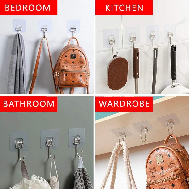Stainless Steel Large Hooks Hanging Wall Waterproof Strong Self Adhesive Hanger Nail-Free Stick for Kitchen Bathroom Transparent