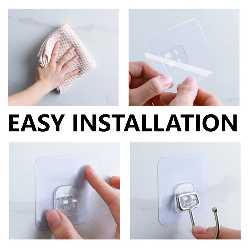 Stainless Steel Large Hooks Hanging Wall Waterproof Strong Self Adhesive Hanger Nail-Free Stick for Kitchen Bathroom Transparent