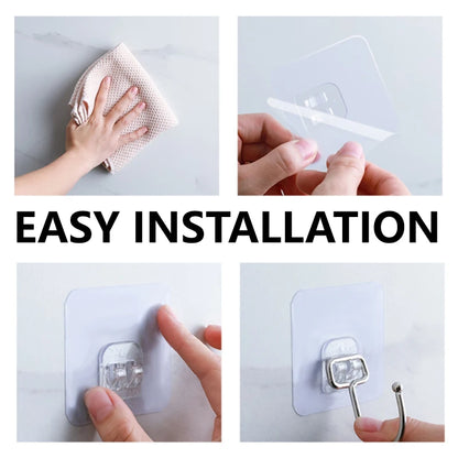 Stainless Steel Large Hooks Hanging Wall Waterproof Strong Self Adhesive Hanger Nail-Free Stick for Kitchen Bathroom Transparent