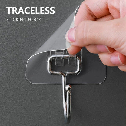 Stainless Steel Large Hooks Hanging Wall Waterproof Strong Self Adhesive Hanger Nail-Free Stick for Kitchen Bathroom Transparent